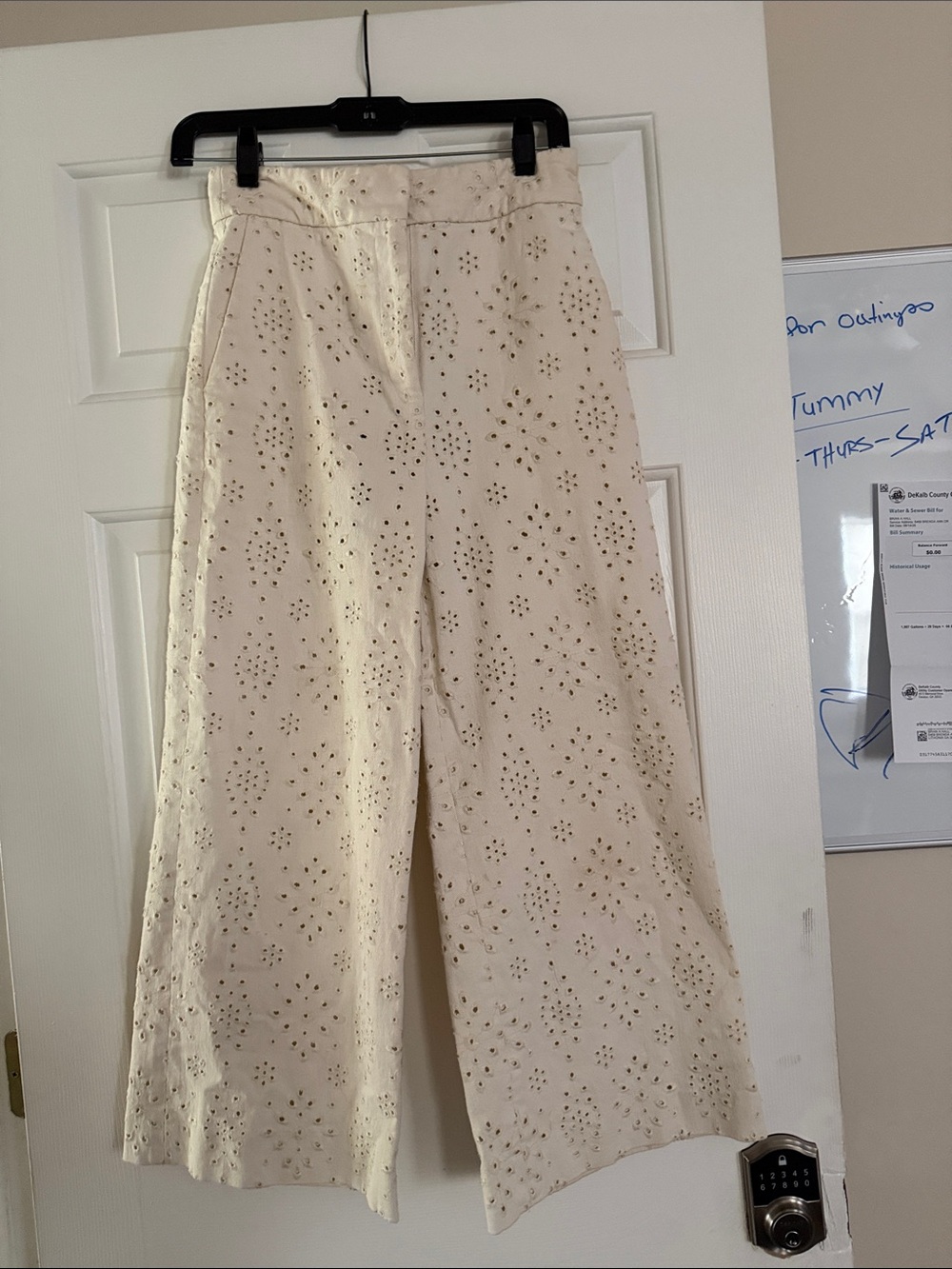 High-Waist Cream Eyelet Wide-Leg Pants